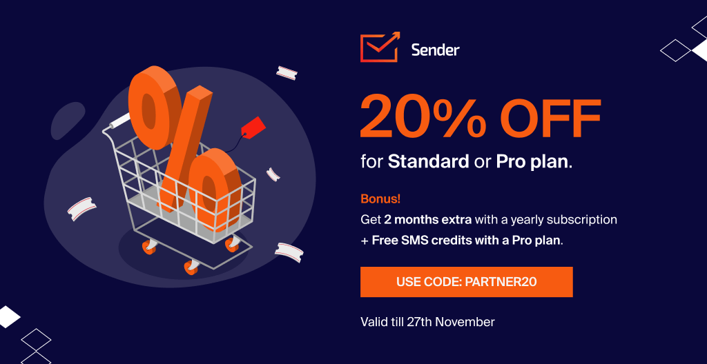 sender black friday deal image depicting 20% off